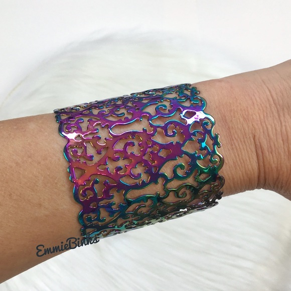 New Hollowed Out Scroll Metal Oil Slick Holographic Cuff Bracelet - Picture 6 of 16